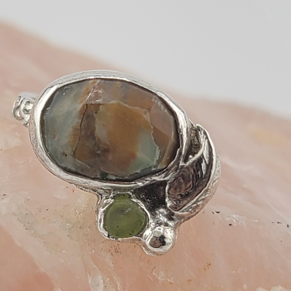 PERUVIAN OPAL & CRYSTAL LEAF RING HANDMADE IN STERLING SILVER METAL 5 - Picture 3 of 7